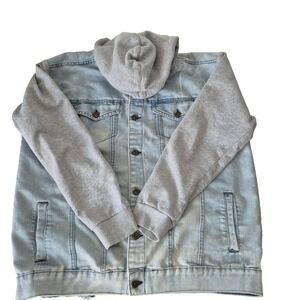 Ring Of Fire Jacket Mens 2XL Blue Denim Gray Hooded Trucker Jean‎ Streetwear
